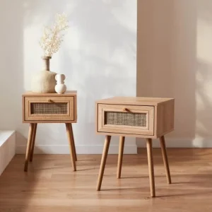 Pas Cher Magasin Soldes Alice’s Garden Lot De 2 Tables De Chevet Effet Bois Et Cannage, 1 Tiroir 12