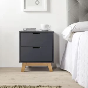 soldes HOMN Table De Chevet 2 Tiroirs Gris, Mdf Laqué, Gris Anthracite 10