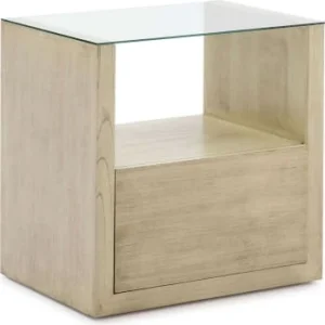 Thai Natura Table De Chevet En Bois Naturel Clair Plateau En Verre vente luxe pas cher 13