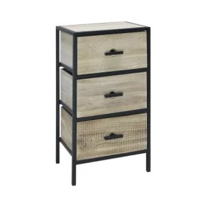 magasin solde Mobili Rebecca Table De Chevet Sculpté Avec 3 Tiroirs En Metal Bois Noir Et Beige 10